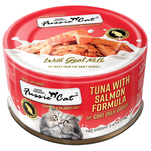 Fussie Cat Premium Tuna with Salmon Formula in Goat Milk Gravy Canned Cat Food (2.47 oz (70g) Can)