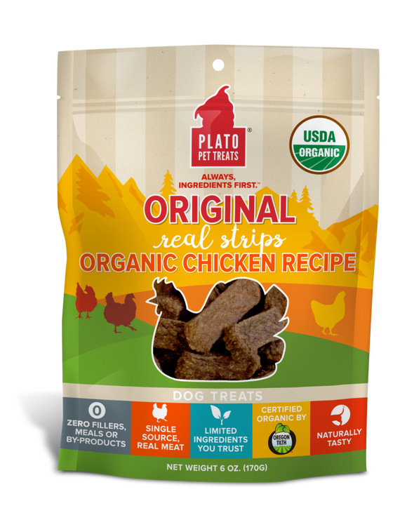 Plato Real Strips Organic Chicken Meat Bar Dog Treats (3-oz)